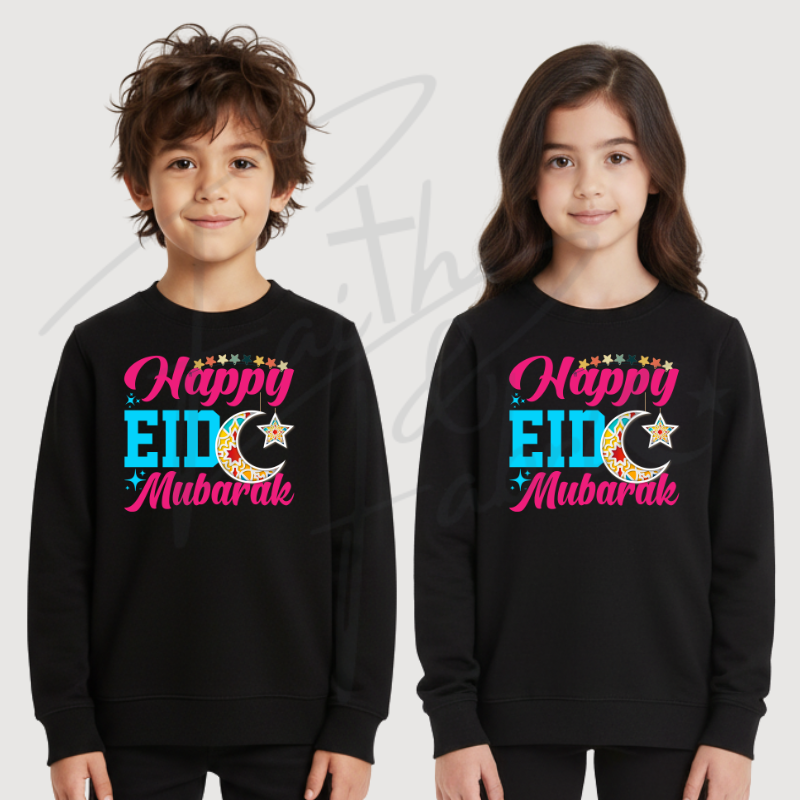 Kids Happy Eid Mubarak Sweatshirt – Colourful Crescent Star Design