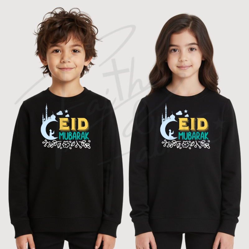 Kids Eid Mubarak Sweatshirt – Crescent Mosque Illustration