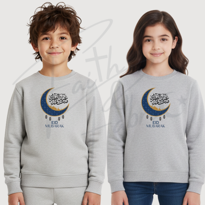 Kids Eid Mubarak Sweatshirt – Blue Crescent & Calligraphy Design