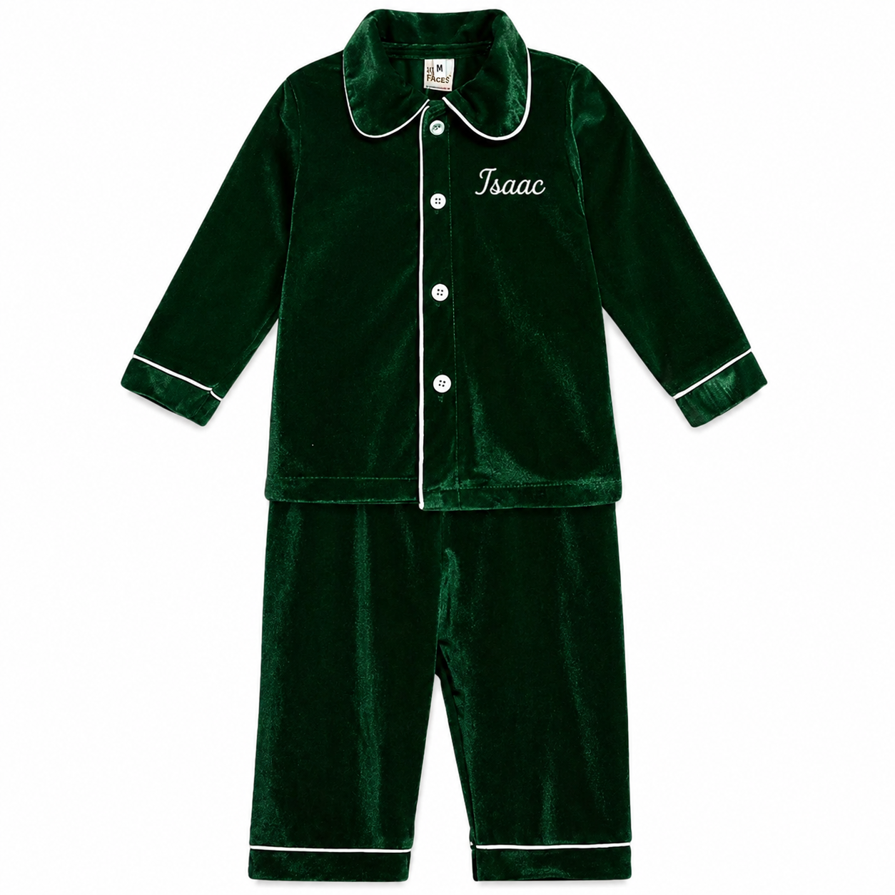 Personalised Kids Green Velvet Feel Christmas Pyjamas – Embroidered Name