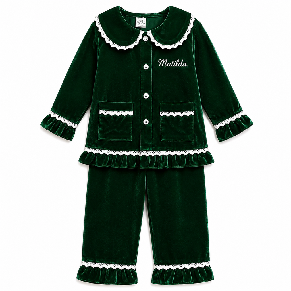 Personalised Girls Green Velvet Feel Christmas Two-Piece Set – Embroidered Name