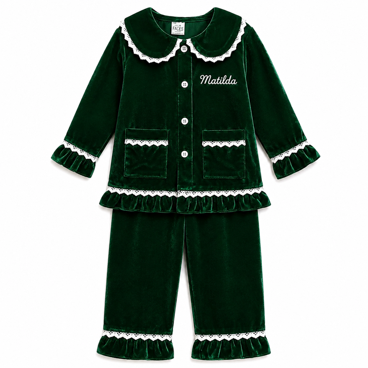 Personalised Girls Green Velvet Feel Christmas Two-Piece Set – Embroidered Name