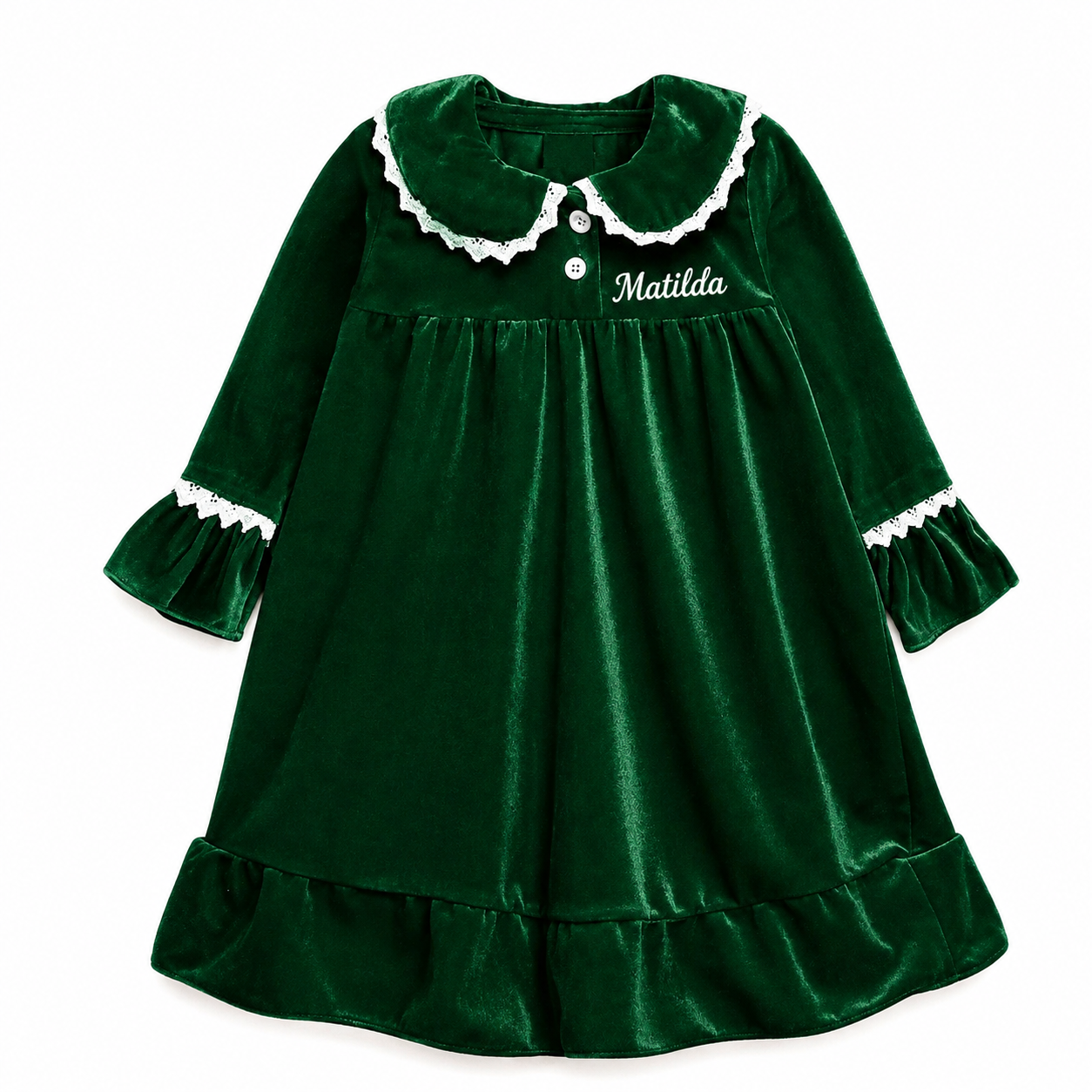 Personalised Girls Green Velvet Christmas Dress – Embroidered Name