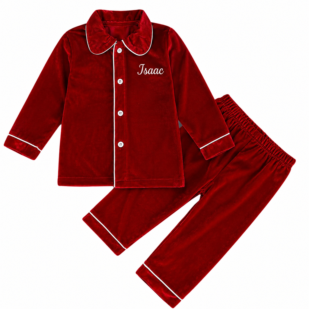 Personalised Kids Red Velvet Feel Christmas Pyjamas – Embroidered Name
