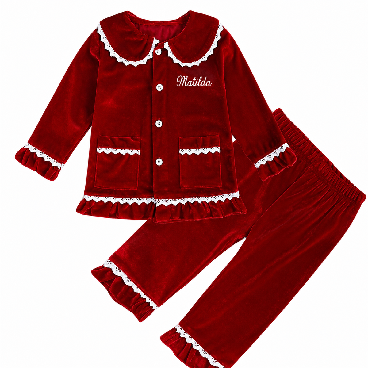 Personalised Girls Red Velvet Feel Christmas Two-Piece Set – Embroidered Name
