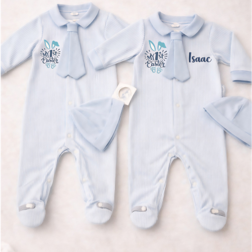 Personalised “My First Easter” Baby Boy Pinstripe Sleepsuit & Beanie Set
