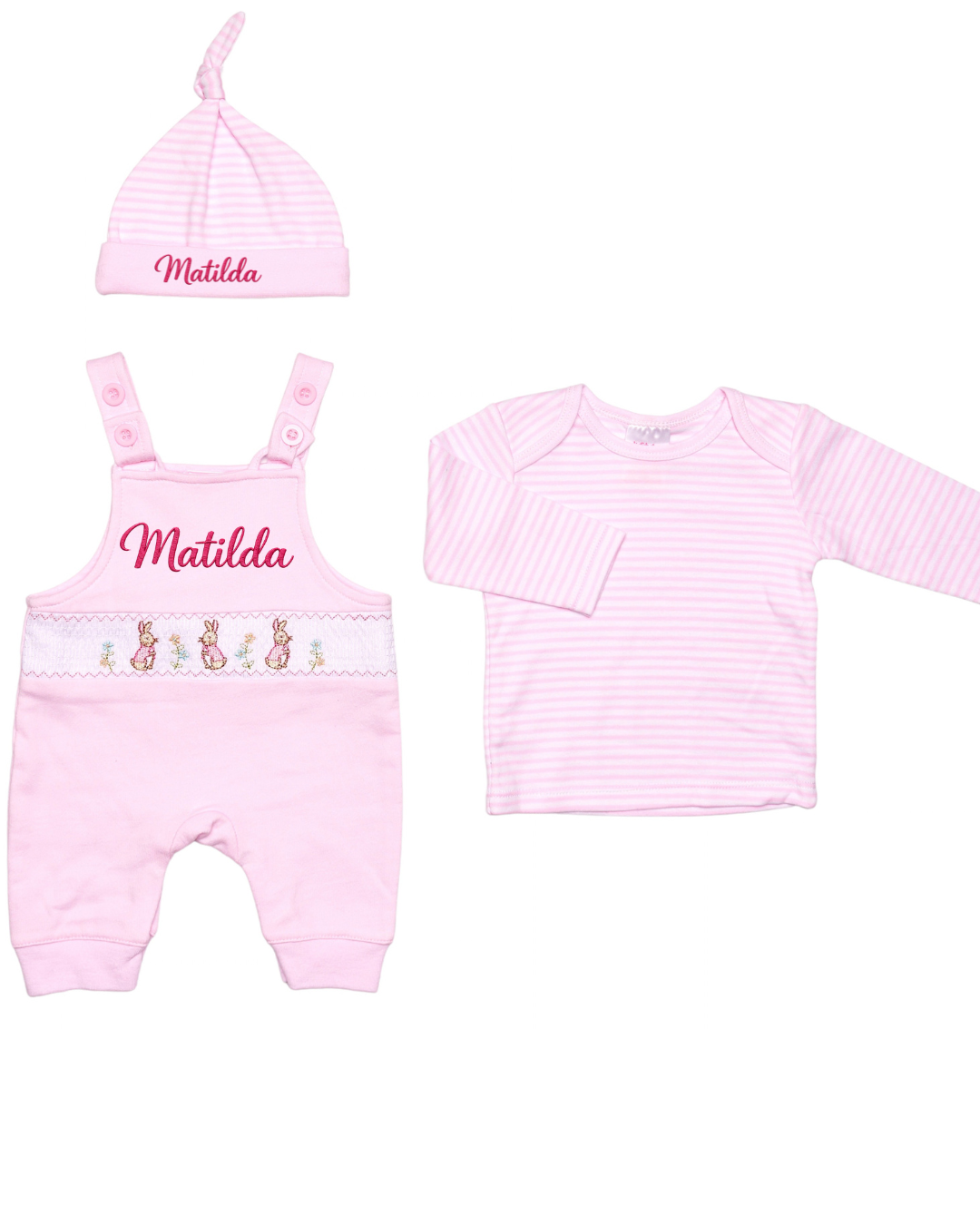 Personalised Baby Girl Pink Easter Bunny Dungaree Outfit – 3 Piece Set